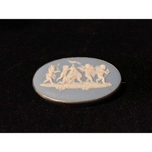 Antique 1850s Wedgwood Solid Jasperware Pale Blue Sterling Silver Brooch England